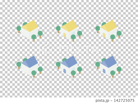 A set of simple isometric illustrations of a house surrounded by trees (yellow and blue). A set of simple isometric illustrations of a house surrounded by trees (yellow and blue). 142725075