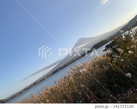 秋のススキ越しに望む湖と山並み 142725120