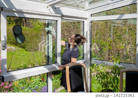 Woman cleaning greenhouse window while standing inside a sunny conservatory Woman cleaning greenhouse window while standing inside a sunny conservatory 142725361