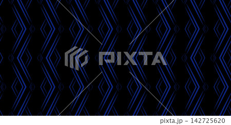 Magic ornamental geometric seamless linear pattern. Dark blue sharp rays on black background. Vector monochrome ornament of rhombuses. Strict ethnic background. Dark blue black background Magic ornamental geometric seamless linear pattern. Dark blue sharp rays on black background. Vector monochrome ornament of rhombuses. Strict ethnic background. Dark blue black background 142725620