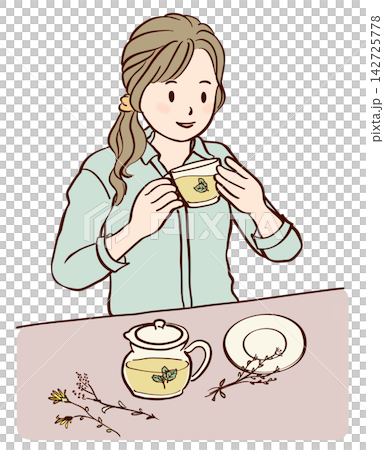 一位年輕女子正在放鬆地喝花草茶。 一位年輕女子正在放鬆地喝花草茶。 142725778