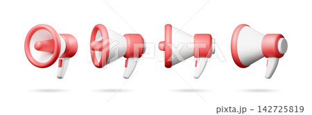 Set of red and white megaphone icons in 3d 142725819