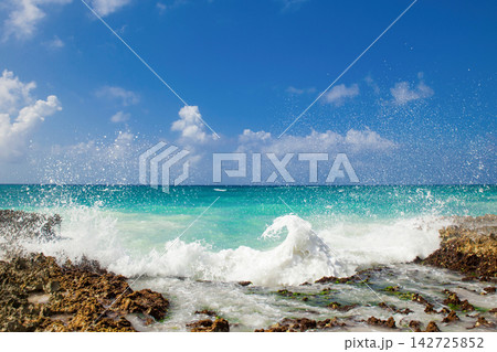 Turquoise Caribbean Sea with Waves and Rocky Shore 142725852