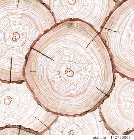 Seamless pattern of oak cuts. Watercolor illustration for packaging, furniture, textiles, scrapbooking, tableware printing, web design, stationery, saunas and baths, and cheese factory branding. 142726008
