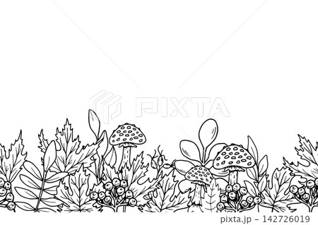 Seamless horizontal border featuring autumn leaves, rowan berries, rose hips, mushroom. Hand-drawn botanical vector illustration. Black graphic style. Banner for invitations, quotes, Thanksgiving. 142726019
