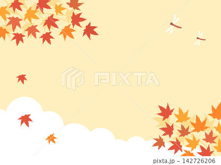 秋の紅葉したもみじと赤とんぼと空の背景イラスト、黄色 142726206