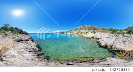 Rocky Aegean Sea Coast Near Athens, Greece, 360 VR Photo 8K Rocky Aegean Sea Coast Near Athens, Greece, 360 VR Photo 8K 142726359