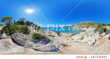 Rocky Aegean Sea Coast Near Athens, Greece, 360 VR Photo 8K Rocky Aegean Sea Coast Near Athens, Greece, 360 VR Photo 8K 142726362