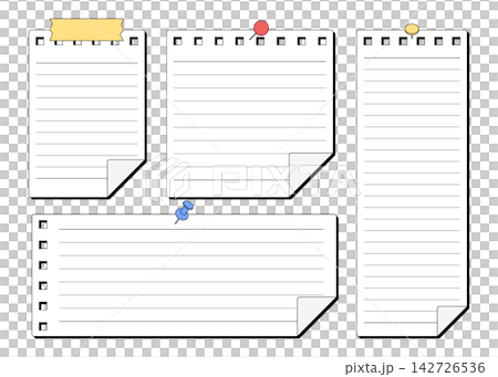 A set of memo paper attached with thumbtacks and tape, with ruled lines. A set of memo paper attached with thumbtacks and tape, with ruled lines. 142726536