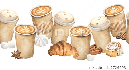 A seamless watercolor border featuring a cappuccino, Americano, croissant, and cinnamon bun. Sweet meringues and marshmallows are hand-drawn. Suitable for coffee shops, menus, prints, and other design A seamless watercolor border featuring a cappuccino, Americano, croissant, and cinnamon bun. Sweet meringues and marshmallows are hand-drawn. Suitable for coffee shops, menus, prints, and other design 142726608