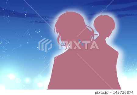 スーツを着た前向きな背中合わせの男女　社会人　夜　シルエット 142726874