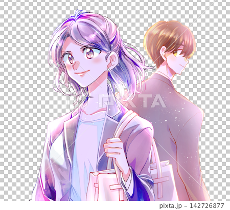 A man and a woman in suits, smiling, standing back-to-back; working professionals; backlit. A man and a woman in suits, smiling, standing back-to-back; working professionals; backlit. 142726877