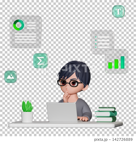 3D CG | Asian man with black hair and glasses using a laptop spreadsheet. 3D CG | Asian man with black hair and glasses using a laptop spreadsheet. 142726889