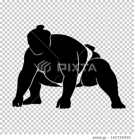 Black silhouette of a sumo wrestler preparing for a match. Black silhouette of a sumo wrestler preparing for a match. 142726930