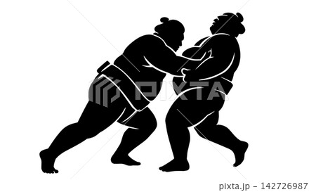 組み合う二人の力士の相撲シルエット 組み合う二人の力士の相撲シルエット 142726987