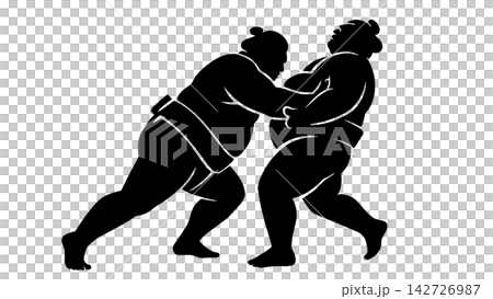 組み合う二人の力士の相撲シルエット 組み合う二人の力士の相撲シルエット 142726987
