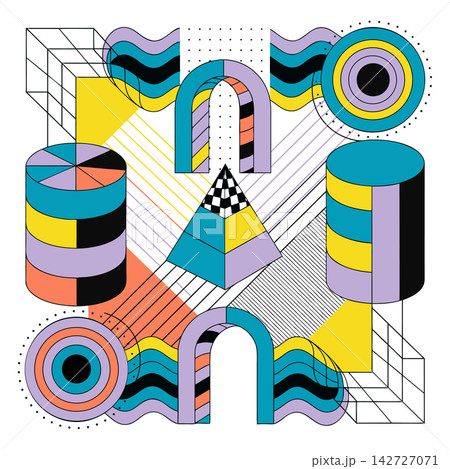 The image appears to be an abstract vector illustration featuring retro geometric shapes The image appears to be an abstract vector illustration featuring retro geometric shapes 142727071