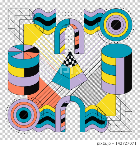 The image appears to be an abstract vector illustration featuring retro geometric shapes The image appears to be an abstract vector illustration featuring retro geometric shapes 142727071