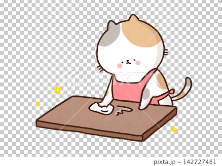 A cat (housewife/waitress) is wiping a table clean with a cloth. A cat (housewife/waitress) is wiping a table clean with a cloth. 142727481