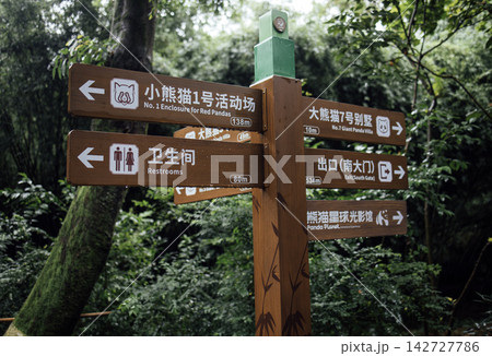 Directional wooden signpost with multiple arrows indicating locations such as red panda enclosure, restrooms, and exit in a lush green forest environment 142727786