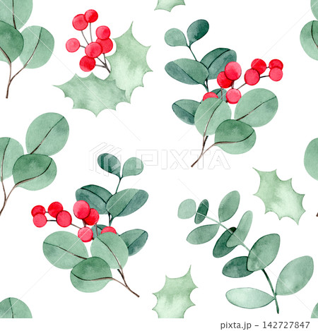 Christmas pattern of holly and eucalyptus leaves. vintage watercolor print. 142727847