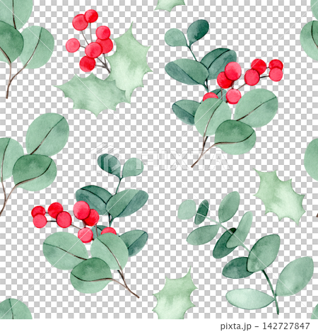 Christmas pattern of holly and eucalyptus leaves. vintage watercolor print. Christmas pattern of holly and eucalyptus leaves. vintage watercolor print. 142727847