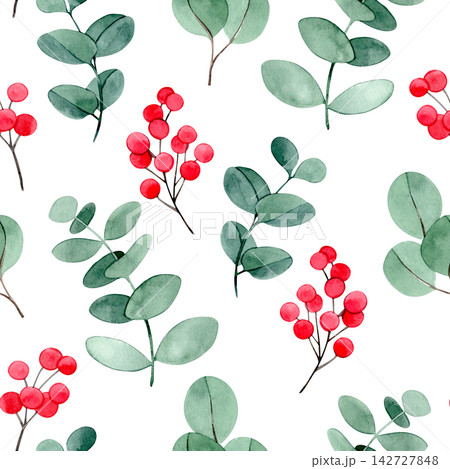 Christmas pattern of holly and eucalyptus leaves. vintage watercolor illustration Christmas pattern of holly and eucalyptus leaves. vintage watercolor illustration 142727848