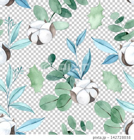 Christmas pattern of holly leaves, eucalyptus, and cotton. vintage watercolor illustration. Christmas pattern of holly leaves, eucalyptus, and cotton. vintage watercolor illustration. 142728038