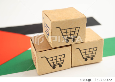 Online shopping, Shopping cart box on Palestine flag, import export, finance commerce. 142728322