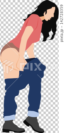 一幅描繪女子脫下牛仔褲換衣服的插圖。 一幅描繪女子脫下牛仔褲換衣服的插圖。 142728359