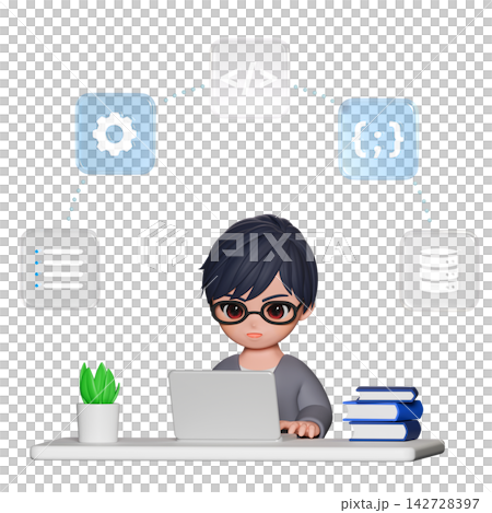 3D CG | Asian man with glasses programming and coding on a computer 3D CG | Asian man with glasses programming and coding on a computer 142728397