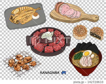一組以神奈川當地美食為主題的插圖,其中包括家系拉麵和牛肉火鍋等著名菜餚。 一組以神奈川當地美食為主題的插圖,其中包括家系拉麵和牛肉火鍋等著名菜餚。 142728610