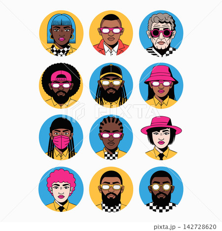 The image shows a set of diverse cartoon avatar portraits featuring people with various hairstyles, accessories, and expressions The image shows a set of diverse cartoon avatar portraits featuring people with various hairstyles, accessories, and expressions 142728620