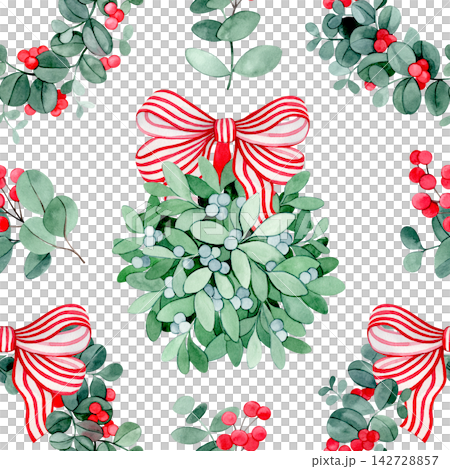 Christmas pattern with mistletoe, holly, and wreaths. Vintage watercolor print. Christmas pattern with mistletoe, holly, and wreaths. Vintage watercolor print. 142728857