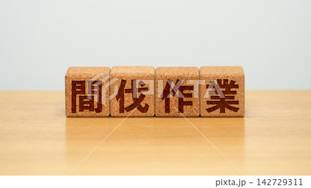 間伐作業と書かれた木製ブロック 間伐作業と書かれた木製ブロック 142729311