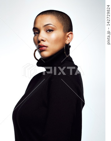 Bald woman, portrait and pride for skincare in studio by white background with cosmetics and glow. Female person, face and model with self care, dermatology and treatment for confidence or wellness 142729824