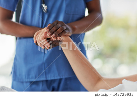 Doctor, patient and hands with empathy for support, kindness and comfort for medical procedure in hospital. Gratitude, person and healthcare expert with help gesture and sorry for cancer diagnosis Doctor, patient and hands with empathy for support, kindness and comfort for medical procedure in hospital. Gratitude, person and healthcare expert with help gesture and sorry for cancer diagnosis 142729933