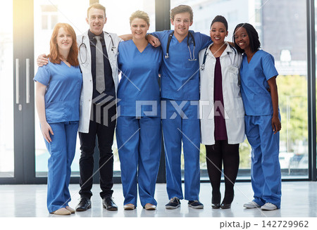 Happy, portrait and medical team in hospital for diversity, about us or support in clinic service. Smile, people and healthcare group, doctors and expert professional nurses together for wellness 142729962