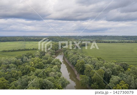 Lamine River at Roberts Bluff access, summer aerial view of rural MIssouri with corn fields Lamine River at Roberts Bluff access, summer aerial view of rural MIssouri with corn fields 142730079