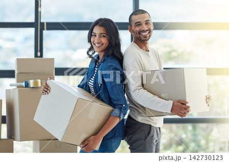 Couple, portrait and boxes to carry for new home with support, growth and happiness for dream house. Homeowner, man and woman in relationship excited for relocation, property investment and purchase Couple, portrait and boxes to carry for new home with support, growth and happiness for dream house. Homeowner, man and woman in relationship excited for relocation, property investment and purchase 142730123