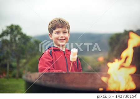 Fire, outdoors and boy in portrait with marshmallow for cooking on flame with happiness. Child development, camping and smile with scenic mountain in winter morning at campsite in Switzerland. Fire, outdoors and boy in portrait with marshmallow for cooking on flame with happiness. Child development, camping and smile with scenic mountain in winter morning at campsite in Switzerland. 142730154
