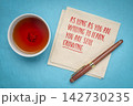 As Long as You Are Willing to Learn, You Are Still Growing. Inspirational handwritten message on a napkin with tea and pen, celebrating lifelong learning, curiosity, and personal development. 142730235