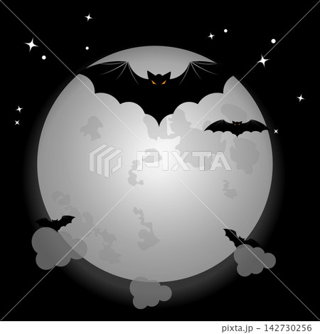Spooky Halloween full moon background with flying bats illustration 142730256