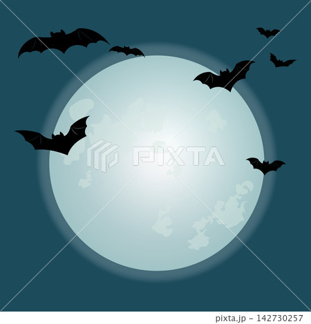 Spooky Halloween full moon background with flying bats illustration 142730257