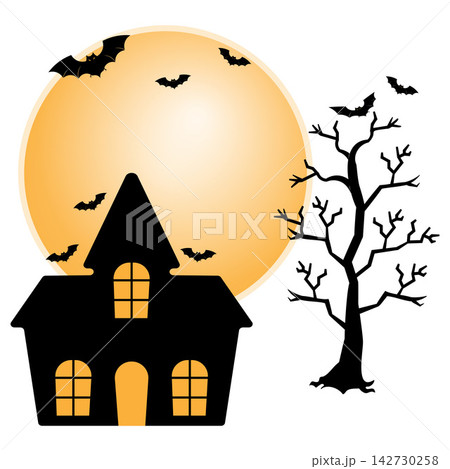 Spooky Halloween haunted house with flying bats illustration 142730258
