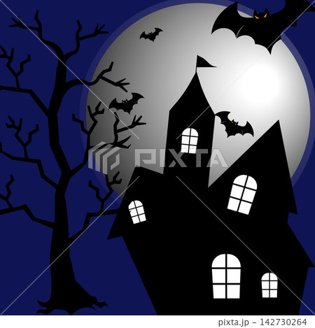 Spooky Halloween haunted house with flying bats illustration 142730264