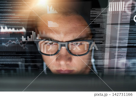 Hacker, overlay and screen for cybersecurity crime, digital and computer. Technology, fraud and ransomware developer for phishing, male person and data base at night and network for programmer 142731166