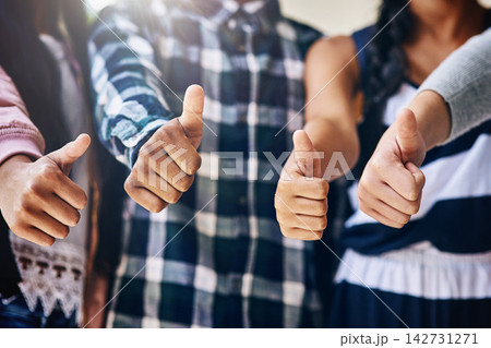 Friends, students and hands with thumbs up for review, vote or feedback in learning or education at school. Closeup of people with like emoji, yes sign or OK for agree, unity or teamwork on campus 142731271