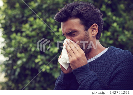 Sick man, depression and outdoor with allergies, flu or cold in fatigue, virus or hayfever in nature. Male person or tired employee with illness, fever or blowing nose with sinus or symptoms outside Sick man, depression and outdoor with allergies, flu or cold in fatigue, virus or hayfever in nature. Male person or tired employee with illness, fever or blowing nose with sinus or symptoms outside 142731291