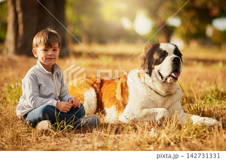 Relax, dog and portrait of child in outdoor park for affection, friendship or cuddle pet in nature. Smile, animal and boy kid with canine companion, Saint Bernard or bonding together with love Relax, dog and portrait of child in outdoor park for affection, friendship or cuddle pet in nature. Smile, animal and boy kid with canine companion, Saint Bernard or bonding together with love 142731331